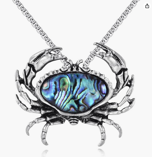 Abalone Crab Pendant Necklace Sea Crab Jewelry Beach Crab Chain Birthday Gift Stainless Steel 18in.