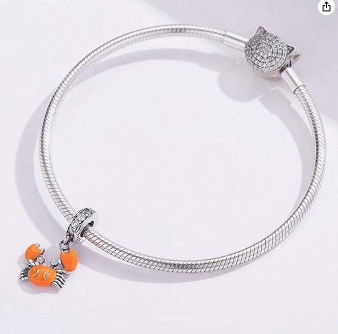 Cute Orange Crab Charm Bracelet Diamond Pendant Sea Crab Jewelry Beach Crab Bracelet Birthday Gift Silver 925 Sterling Silver