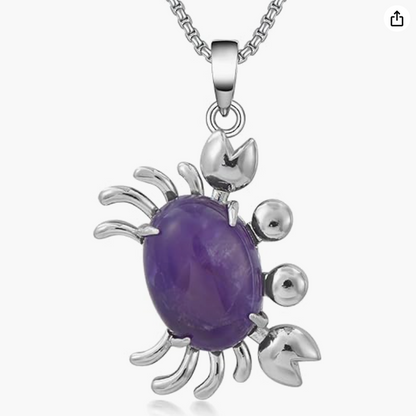 Natural Gemstone Healing Crystal Protection Cute Crab Pendant Necklace Sea Crab Jewelry Beach Crab Chain Birthday Gift Stainless Steel 18in.