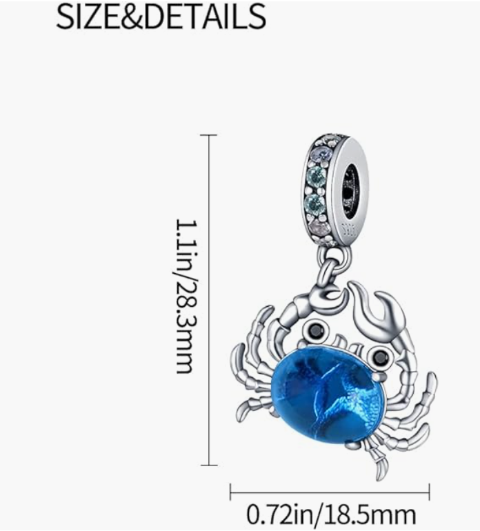 Blue Crab Charm Bracelet Crystal Pendant Sea Crab Jewelry Diamond Beach Crab Bracelet Birthday Gift Silver 925 Sterling Silver