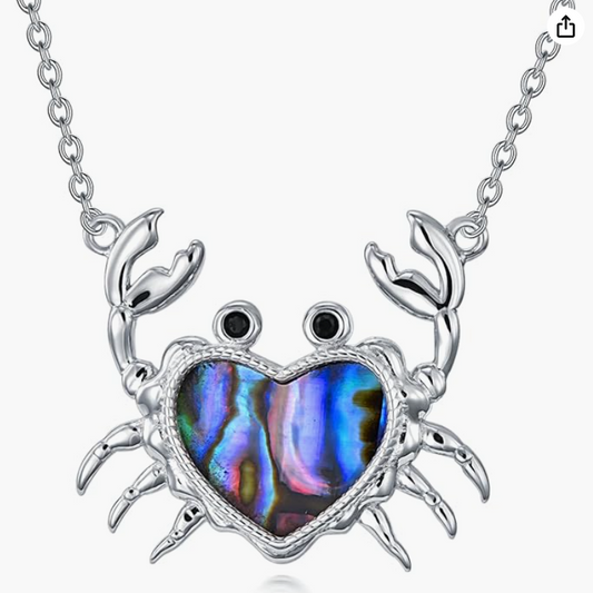 Abalone Heart Love Crab Pendant Necklace Sea Crab Jewelry Beach Crab Chain Birthday Gift Stainless Steel 18in.