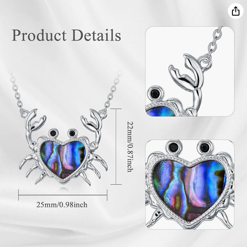 Abalone Heart Love Crab Pendant Necklace Sea Crab Jewelry Beach Crab Chain Birthday Gift Stainless Steel 18in.