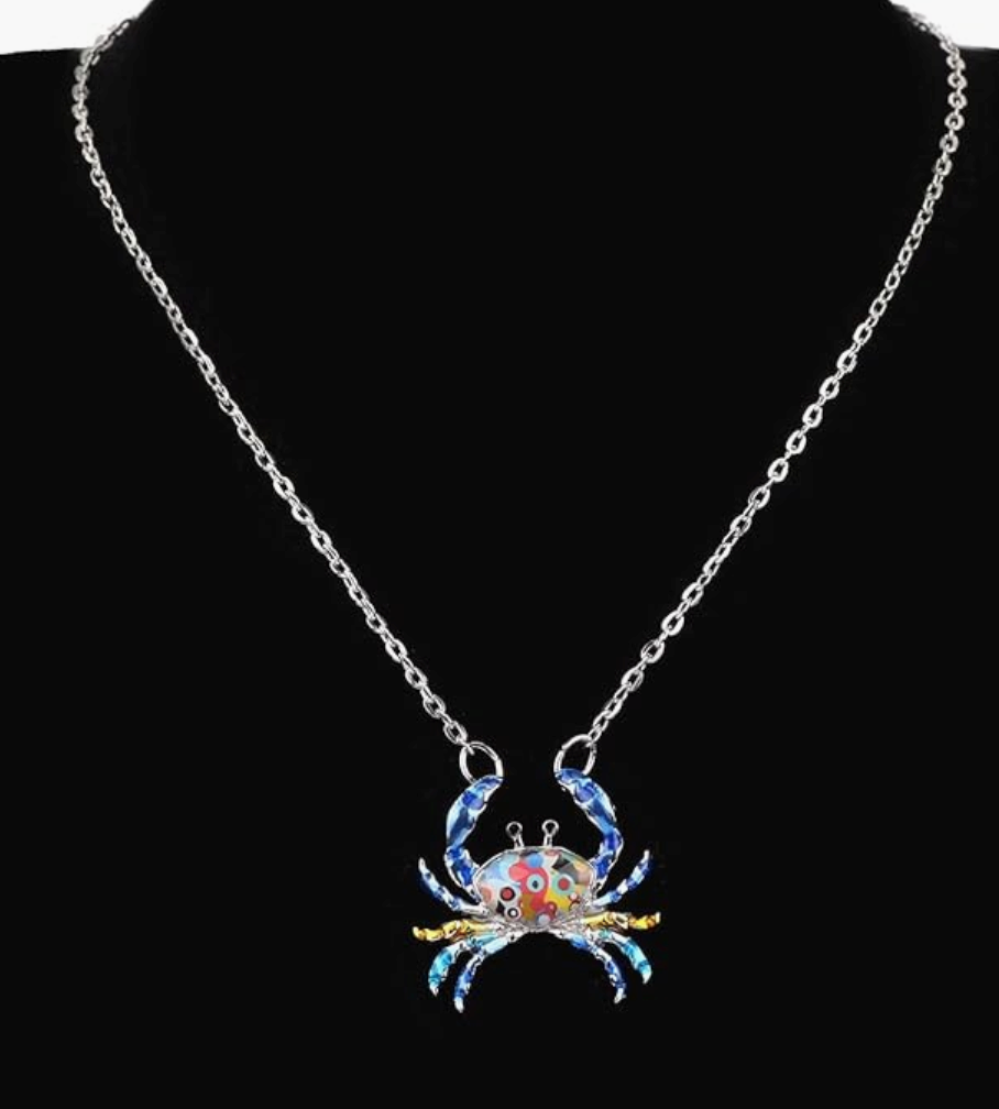 Cute Colorful Crab Pendant Necklace Purple Blue Black Green Sea Crab Jewelry Beach Crab Chain Birthday Gift Stainless Steel 18in.