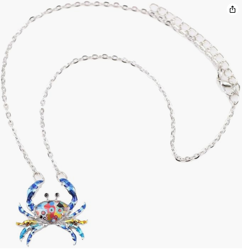 Cute Colorful Crab Pendant Necklace Purple Blue Black Green Sea Crab Jewelry Beach Crab Chain Birthday Gift Stainless Steel 18in.