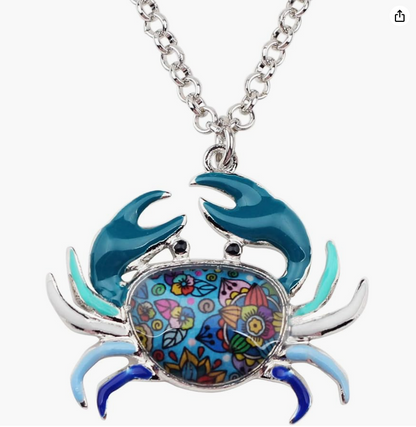 Cute Colorful Crab Pendant Necklace Purple Blue Black Green Sea Crab Jewelry Beach Crab Chain Birthday Gift Stainless Steel 18in.