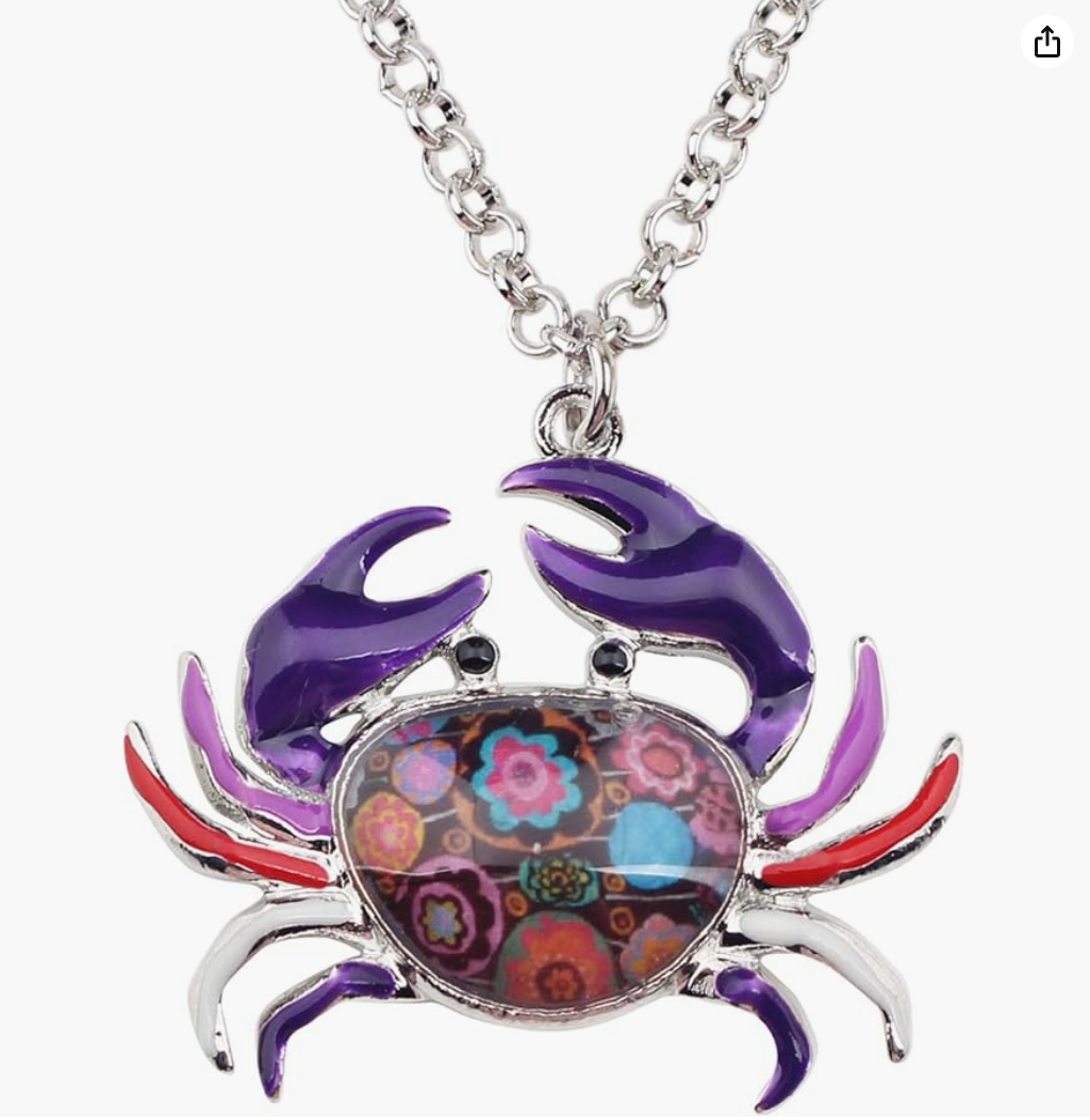 Cute Colorful Crab Pendant Necklace Purple Blue Black Green Sea Crab Jewelry Beach Crab Chain Birthday Gift Stainless Steel 18in.