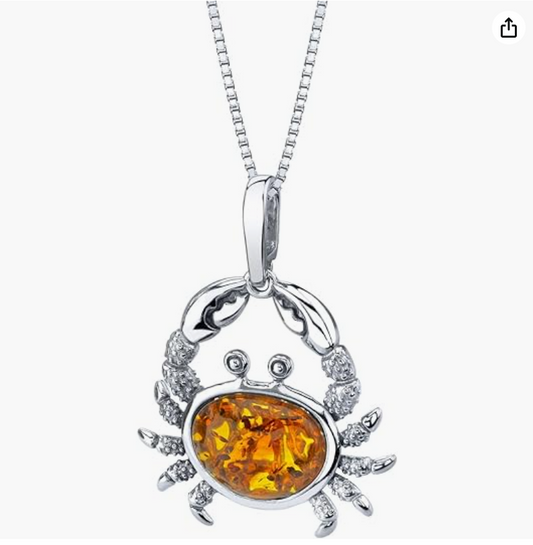 Genuine Baltic Amber Crab Pendant Necklace Sea Crab Jewelry Beach Brown Amber Crab Chain Birthday Gift 925 Sterling Silver 18in.