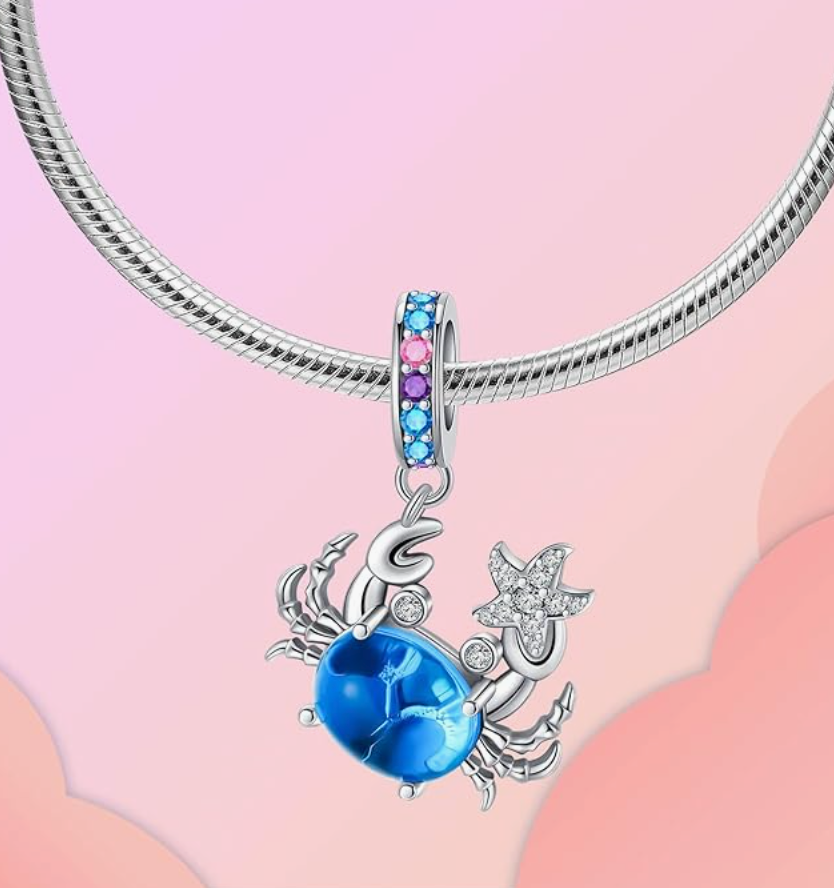 Cute Blue Crab Charm Diamond Bracelet Rainbow Crystal Starfish Pendant Sea Crab Jewelry Beach Crab Bracelet Birthday Gift Silver 925 Sterling Silver