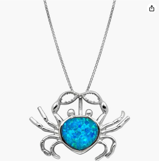 Blue Opal Crab Pendant Necklace Sea Crab Jewelry Beach Crab Chain Birthday Gift 925 Sterling Silver 18in.