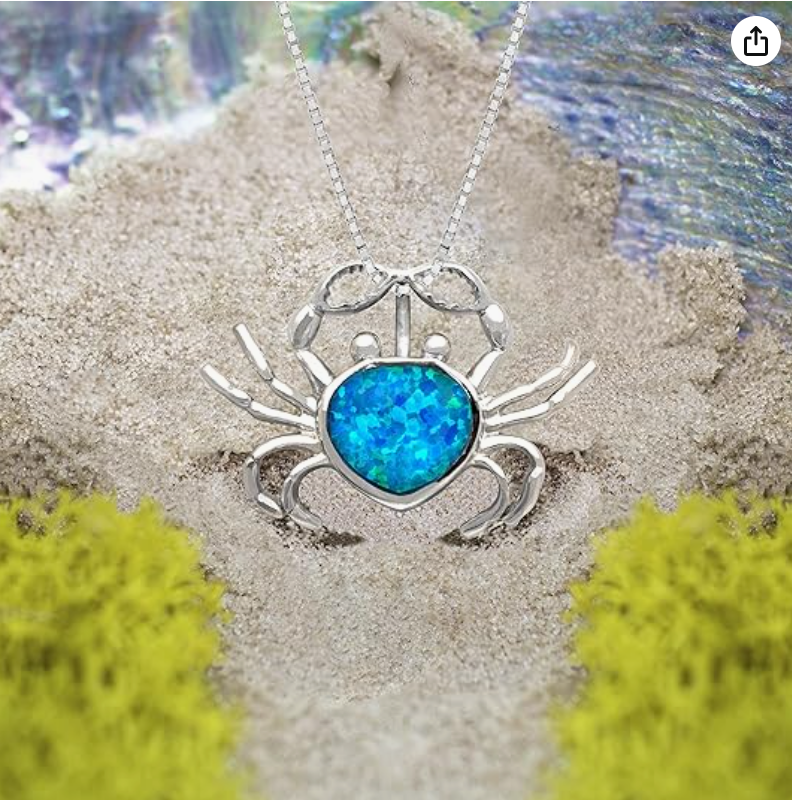 Blue Opal Crab Pendant Necklace Sea Crab Jewelry Beach Crab Chain Birthday Gift 925 Sterling Silver 18in.