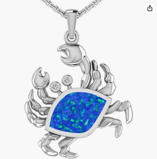 Cute Blue Opal Crab Pendant Necklace Sea Crab Jewelry Beach Crab Chain Birthday Gift 925 Sterling Silver 18in.