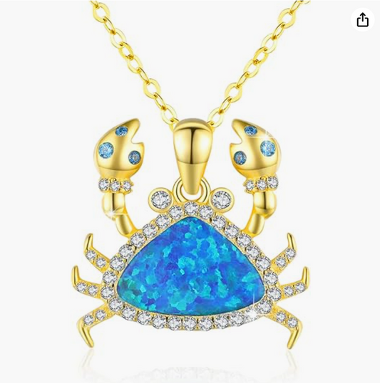 Gold Diamond Blue Opal Crab Pendant Necklace Sea Crab Jewelry Beach Crab Chain Birthday Gift 925 Sterling Silver 18in.