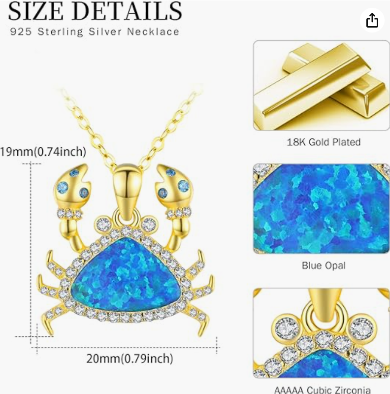 Gold Diamond Blue Opal Crab Pendant Necklace Sea Crab Jewelry Beach Crab Chain Birthday Gift 925 Sterling Silver 18in.