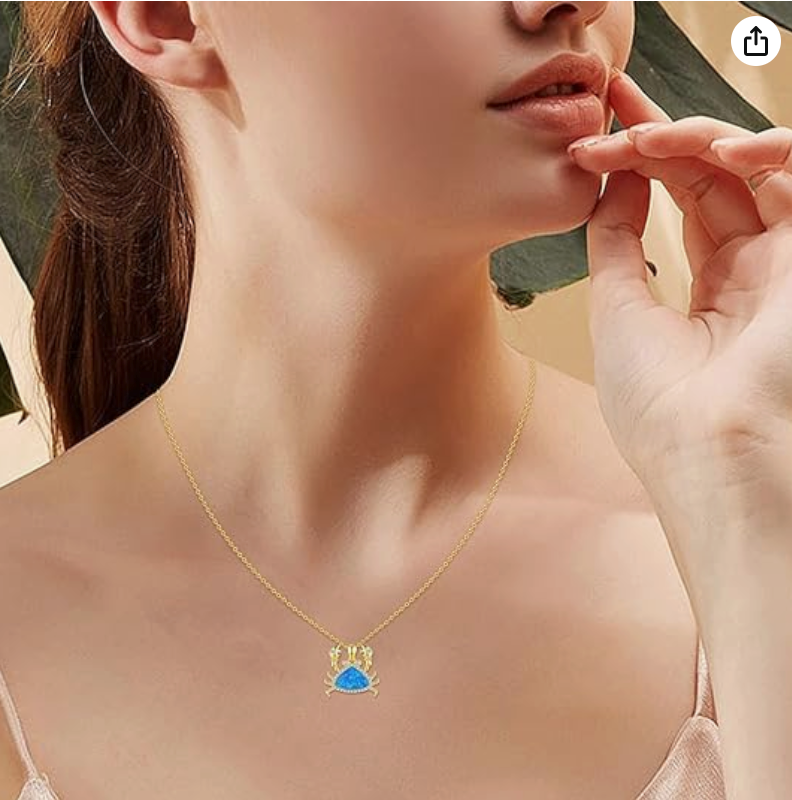 Gold Diamond Blue Opal Crab Pendant Necklace Sea Crab Jewelry Beach Crab Chain Birthday Gift 925 Sterling Silver 18in.