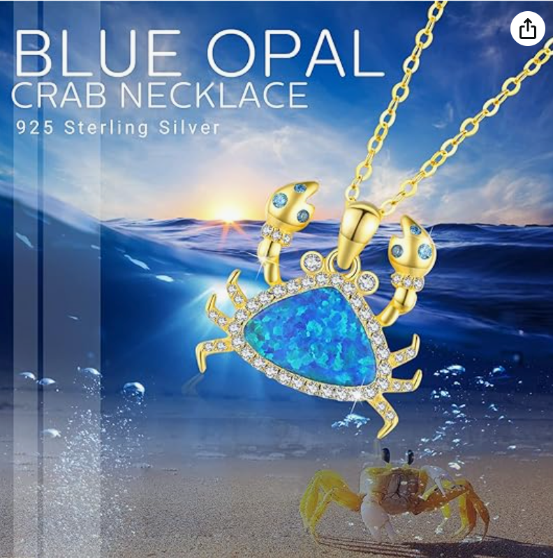 Gold Diamond Blue Opal Crab Pendant Necklace Sea Crab Jewelry Beach Crab Chain Birthday Gift 925 Sterling Silver 18in.