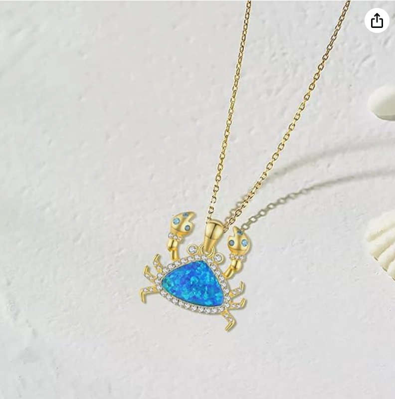 Gold Diamond Blue Opal Crab Pendant Necklace Sea Crab Jewelry Beach Crab Chain Birthday Gift 925 Sterling Silver 18in.