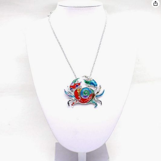 Colorful Enamel Crab Pendant Necklace Sea Crab Jewelry Beach Crab Chain Birthday Gift 925 Sterling Silver 18in.