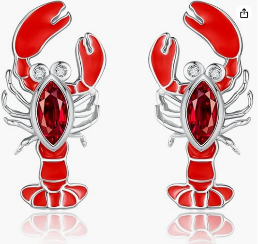 Cute Red Lobster Earrings Diamond Crystal Lobster Earring Lobster Jewelry Beach Birthday Gift 925 Sterling Silver
