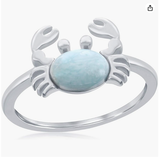 Blue Larimar Crab Ring Sea Crab Jewelry Beach Crab Birthday Gift Silver 925 Sterling Silver