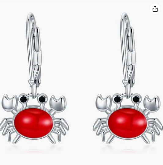 Leverback Drop Dangle Crab Earrings Red Crab Earrings Sea Crab Blue Jewelry Beach Birthday Gift 925 Silver Sterling