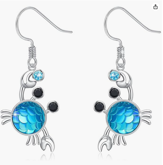 Cute Dangle Crab Earrings Blue Crab Earrings Sea Crab Jewelry Beach Birthday Gift 925 Silver Sterling