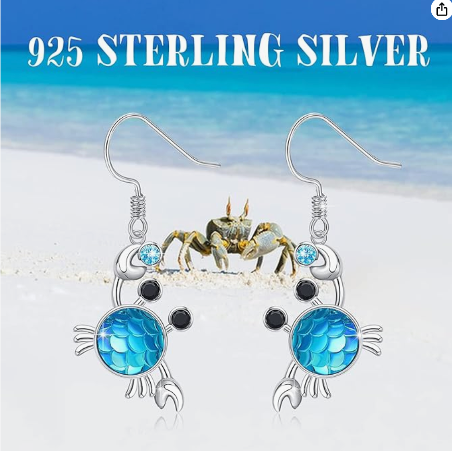 Cute Dangle Crab Earrings Blue Crab Earrings Sea Crab Jewelry Beach Birthday Gift 925 Silver Sterling