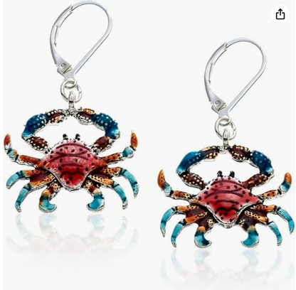 Dangle Red Blue Crab Earrings Crab Earrings Sea Crab Jewelry Silver Abalone Beach Birthday Gift