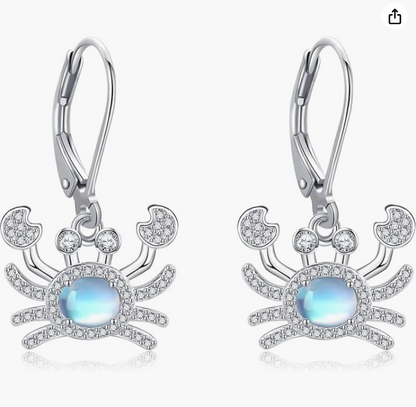 Moonstone Crab Diamond Earrings Hanging Dangle Sea Crab Earring Crab Jewelry Beach Birthday Gift 925 Sterling Silver