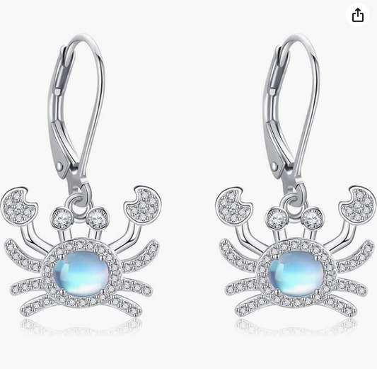 Moonstone Crab Diamond Earrings Hanging Dangle Sea Crab Earring Crab Jewelry Beach Birthday Gift 925 Sterling Silver