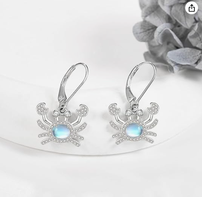 Moonstone Crab Diamond Earrings Hanging Dangle Sea Crab Earring Crab Jewelry Beach Birthday Gift 925 Sterling Silver