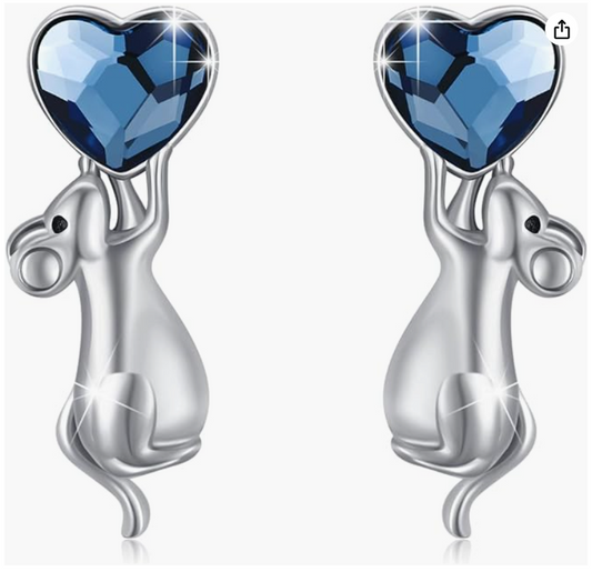 Blue Heart Mouse Earrings Diamond Rat Earring Love Mouse Jewelry Womens Girls Teen Birthday Gift 925 Sterling Silver