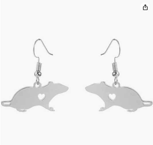 Silver Heart Rat Earring Love Mouse Necklace Pendant Jewelry Womens Girls Teen Birthday Gift 18in.