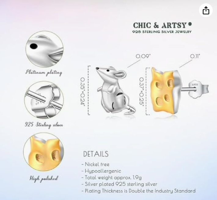 Cute Mouse Cheese Earring Rat Jewelry Womens Girls Teen Birthday Gift 925 Sterling Silver