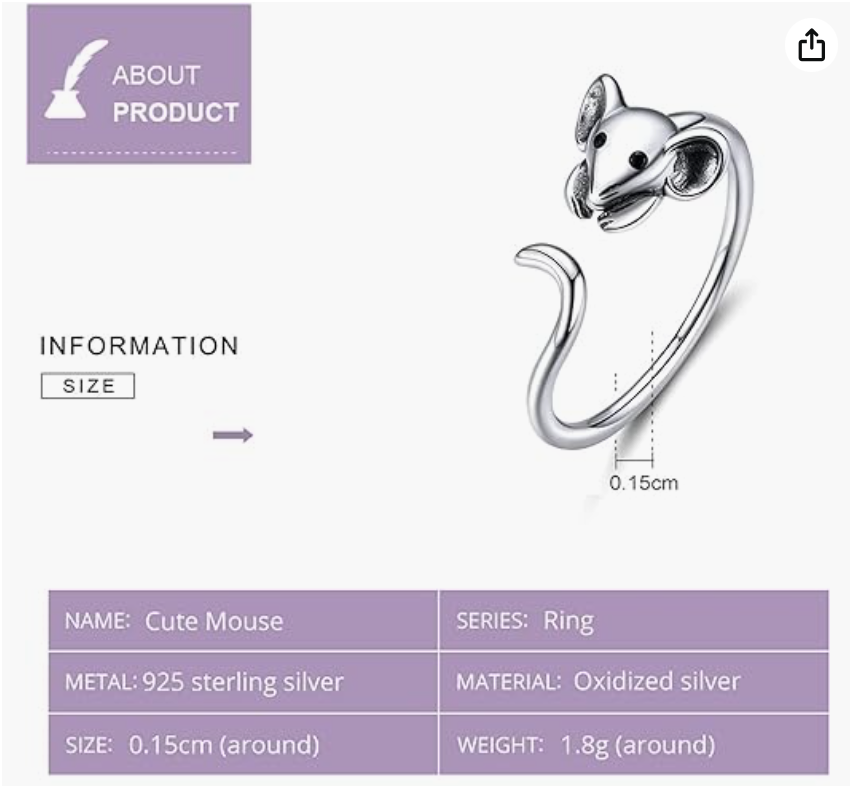 Cute Adjustable Mouse Face Ring Rat Ring Mouse Jewelry Womens Girls Teen Birthday Gift 925 Sterling Silver