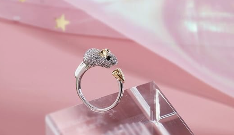 Adjustable Mouse Cheese Ring Diamond Rat Ring Mouse Jewelry Womens Girls Teen Birthday Gift Gold 925 Sterling Silver