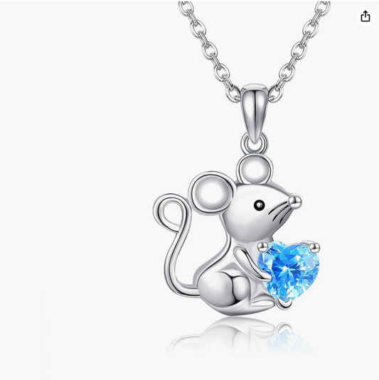 Blue Diamond Heart Mouse Necklace Love Rat Pendant Mouse Chain Rat Jewelry Girls Teen Birthday Gift 925 Sterling Silver 18in.
