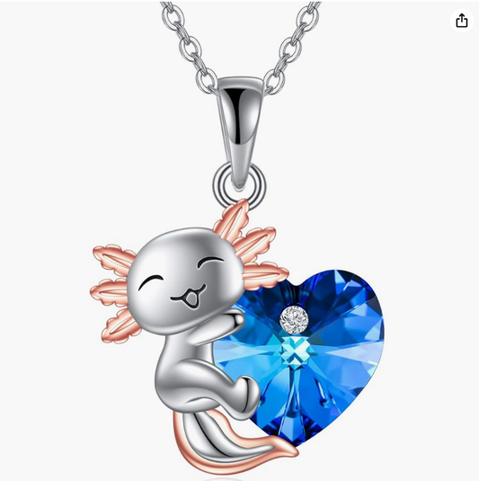 Blue Diamond Heart Axolotl Necklace Love Axolotl Pendant Axolotl Chain Jewelry Girls Teen Birthday Gift 925 Sterling Silver 18in.