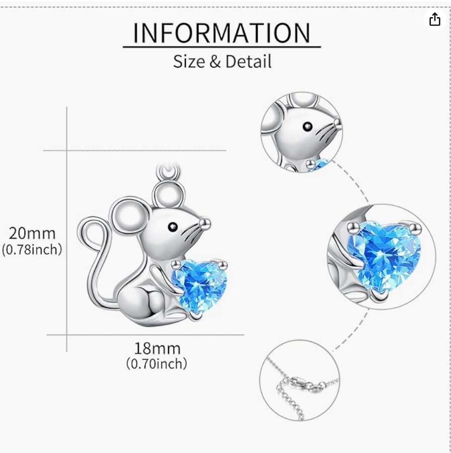 Blue Diamond Heart Mouse Necklace Love Rat Pendant Mouse Chain Rat Jewelry Girls Teen Birthday Gift 925 Sterling Silver 18in.