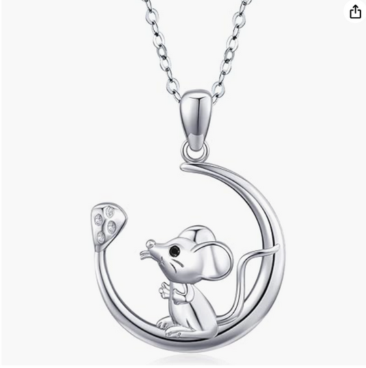 Mouse Cheese Moon Necklace Diamond Rat Pendant Mouse Chain Rat Jewelry Girls Teen Birthday Gift 925 Sterling Silver 18in.