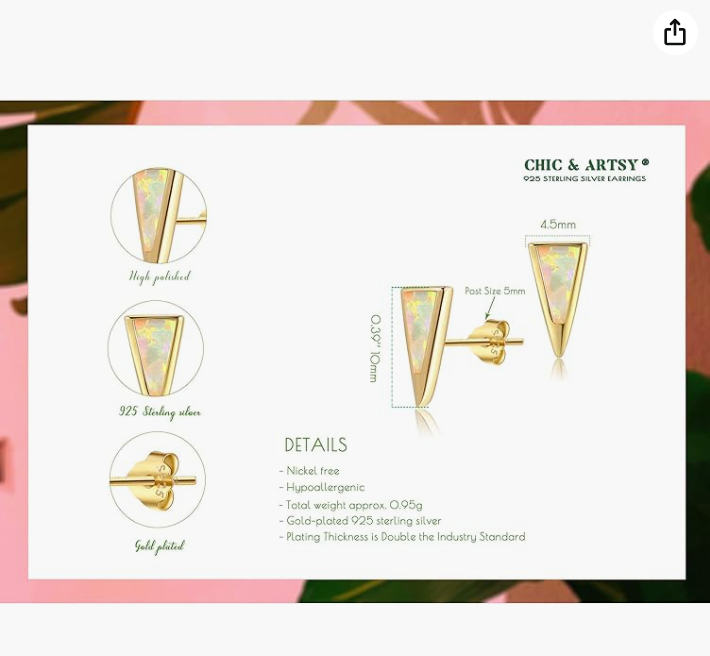 Cute Gold Opal Triangle Earrings Triangle Stud Point Jewelry Pyramid Earrings Womens Girls Teen Birthday Gift 925 Sterling Silver