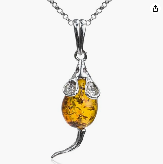 Brown Amber Mouse Necklace Pendant Rat Jewelry Mouse Chain Womens Girls Teen Birthday Gift 925 Sterling Silver