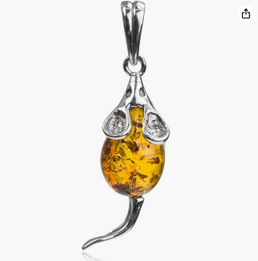 Brown Amber Mouse Necklace Pendant Rat Jewelry Mouse Chain Womens Girls Teen Birthday Gift 925 Sterling Silver