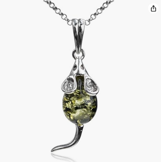 Green Amber Mouse Necklace Pendant Rat Jewelry Mouse Chain Womens Girls Teen Birthday Gift 925 Sterling Silver