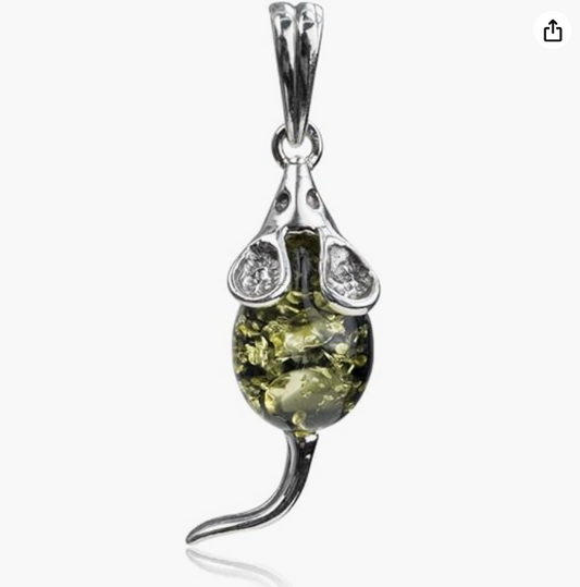 Green Amber Mouse Necklace Pendant Rat Jewelry Mouse Chain Womens Girls Teen Birthday Gift 925 Sterling Silver