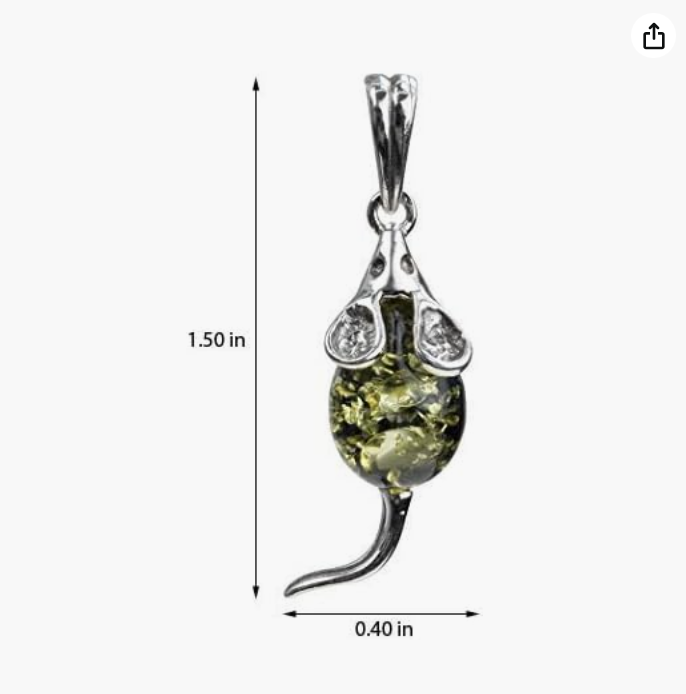 Green Amber Mouse Necklace Pendant Rat Jewelry Mouse Chain Womens Girls Teen Birthday Gift 925 Sterling Silver