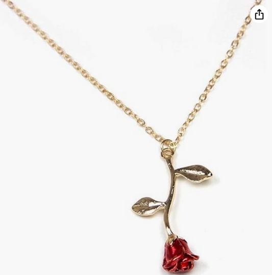 Red Rose Pendant Flower Necklace Rose Jewelry Gold Chain Womens Girls Teen Birthday Gift