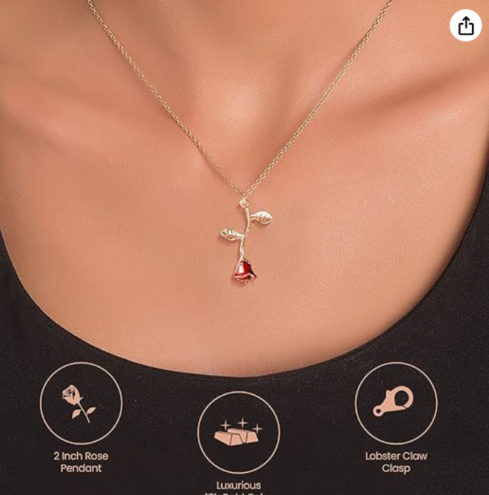 Red Rose Pendant Flower Necklace Rose Jewelry Gold Chain Womens Girls Teen Birthday Gift