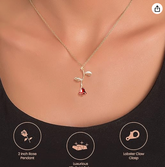 Red Rose Pendant Flower Necklace Rose Jewelry Gold Chain Womens Girls Teen Birthday Gift