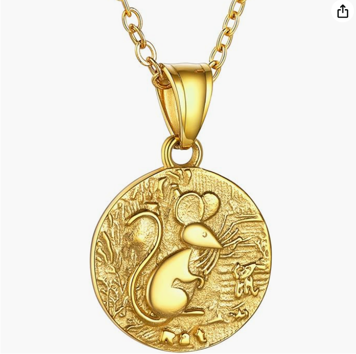 Chinese Zodiac Gold Mouse Coin Necklace Rat Medallion Pendant Mouse Chain Rat Jewelry Girls Teen Birthday Gift Stainless Steel 18in.