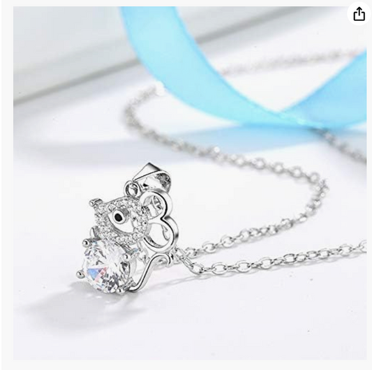 Silver Mouse Necklace Rat Pendant Diamond Mouse Chain Rat Jewelry Girls Teen Birthday Gift 18in.